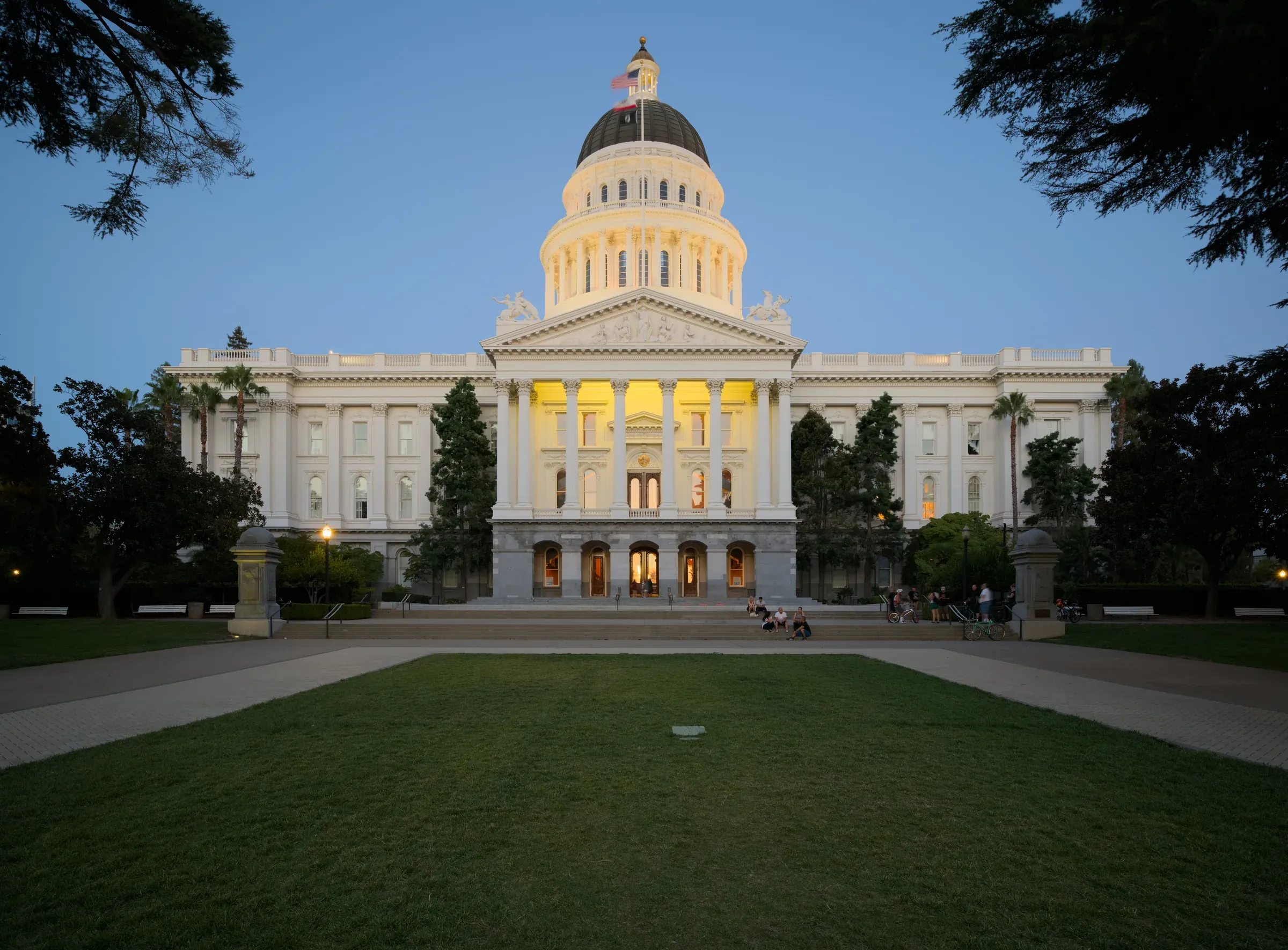 The California State Capitol building lit at dusk, Sacramento